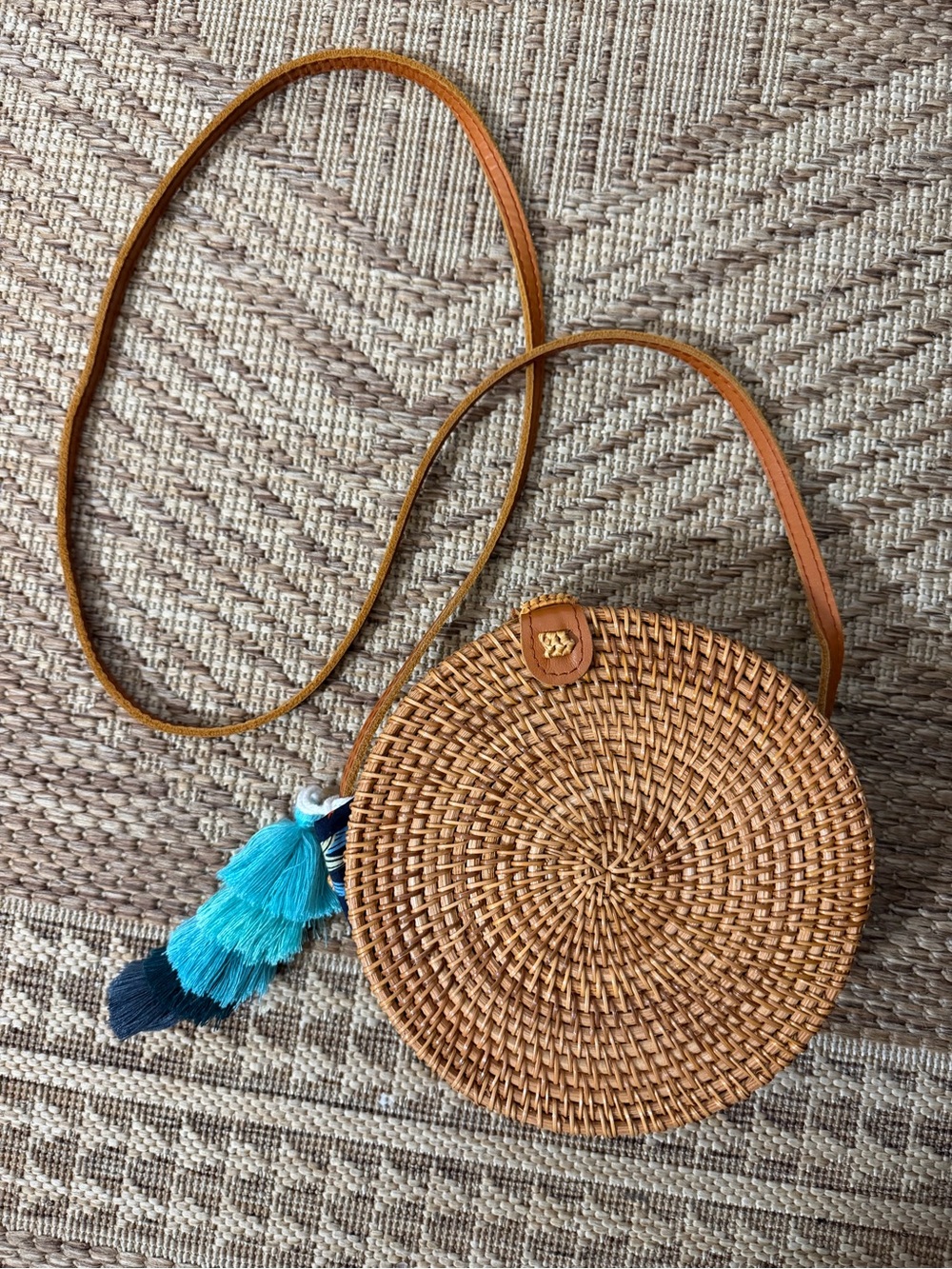 Woven Round Rattan Crossbody Bag in Tan with Blue Tassel